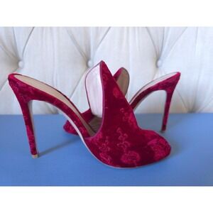 Gianvito Rossi Red Velvet Embroidered Mules 39.5 Peep Toe Stiletto Heels